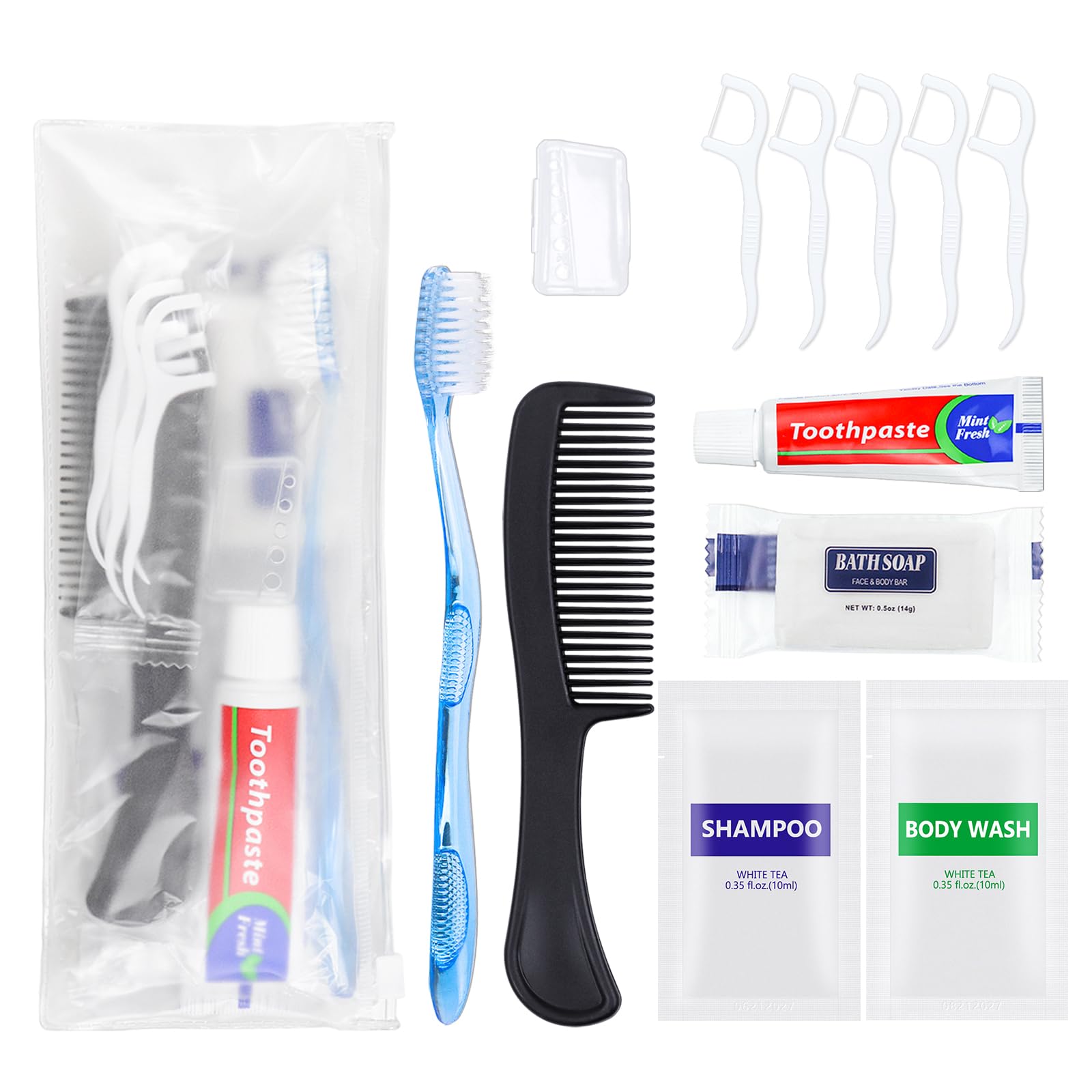 5 Sets Personal Hygiene Kit Basic Toiletry Kits Homeless Supplies Bulk for TravelCharityBusiness Include 5 Toothbrush 5 Toothpaste 5 Comb 5 Bath Soap 5 Shampoo5 Body Wash 25 Floss Picks