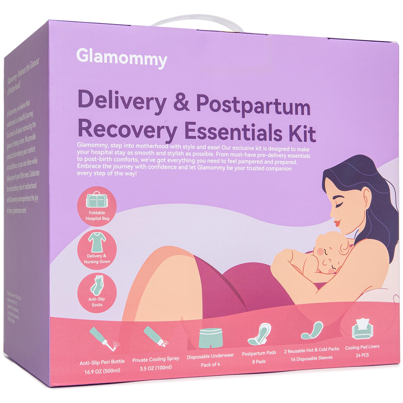 Glamommy Postpartum Recovery Essentials Kit for Women Nursing Gown Luggage Bags Socks Peri Bottle Cooling Spray Disposable Underwear Postpartum Pads Hot&Cold Packs Cooling Liners