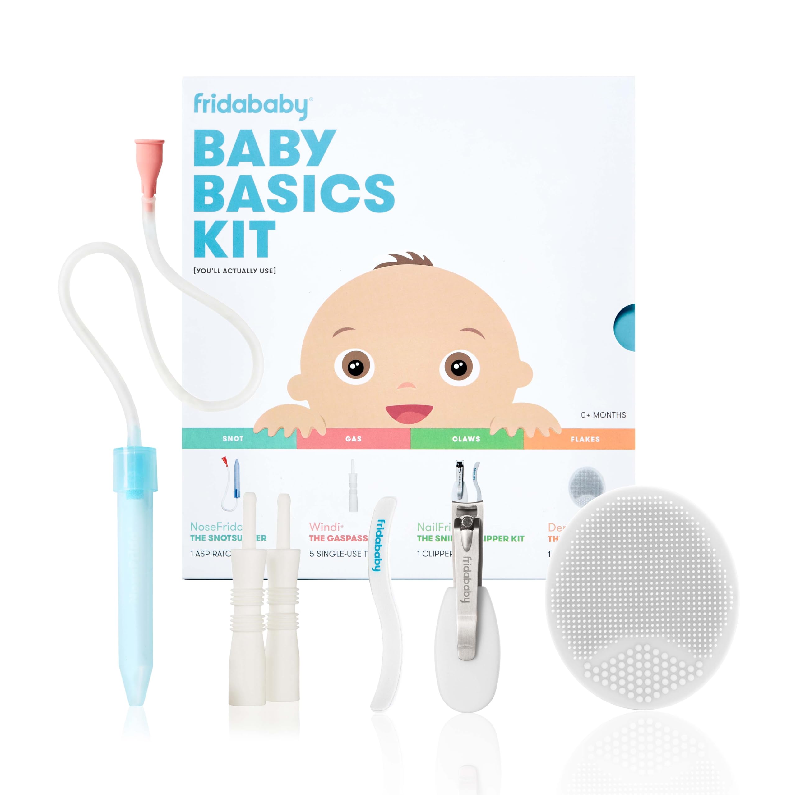 Frida Baby Basics Kit Baby Essentials Kit Includes Nasal Aspirator Snotsucker NailFrida Nail Files Windi Gas Relief DermaFrida Bath Brush + Silicone Carry Case