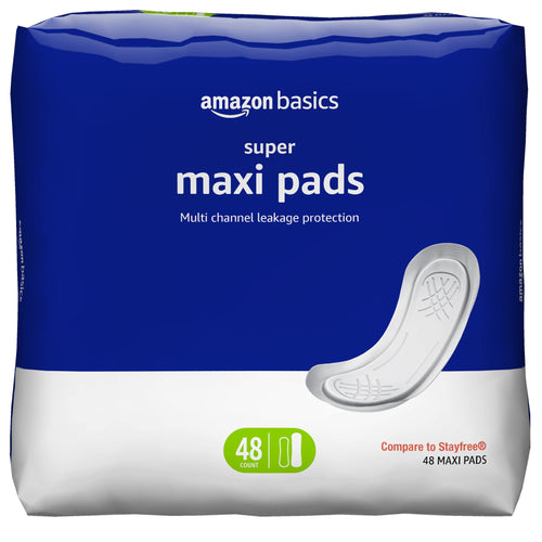 Amazon Basics Thick Maxi Pads for Periods Super Absorbency Unscented 48 Count 1 Pack (Previously Solimo)