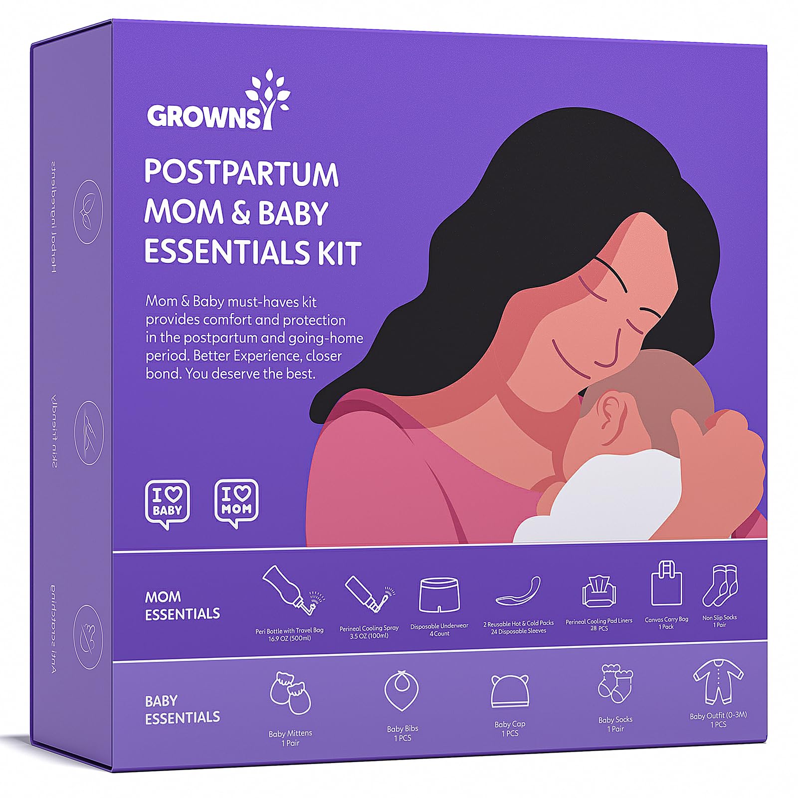 Grownsy Postpartum Mom & Baby Essential Kits Postpartum Recovery Kit for Labor &Delivery with Hospital Essentials for Women After Birth with PERI Bottle Herbal Cooling Spray Herbal Cooling Liner
