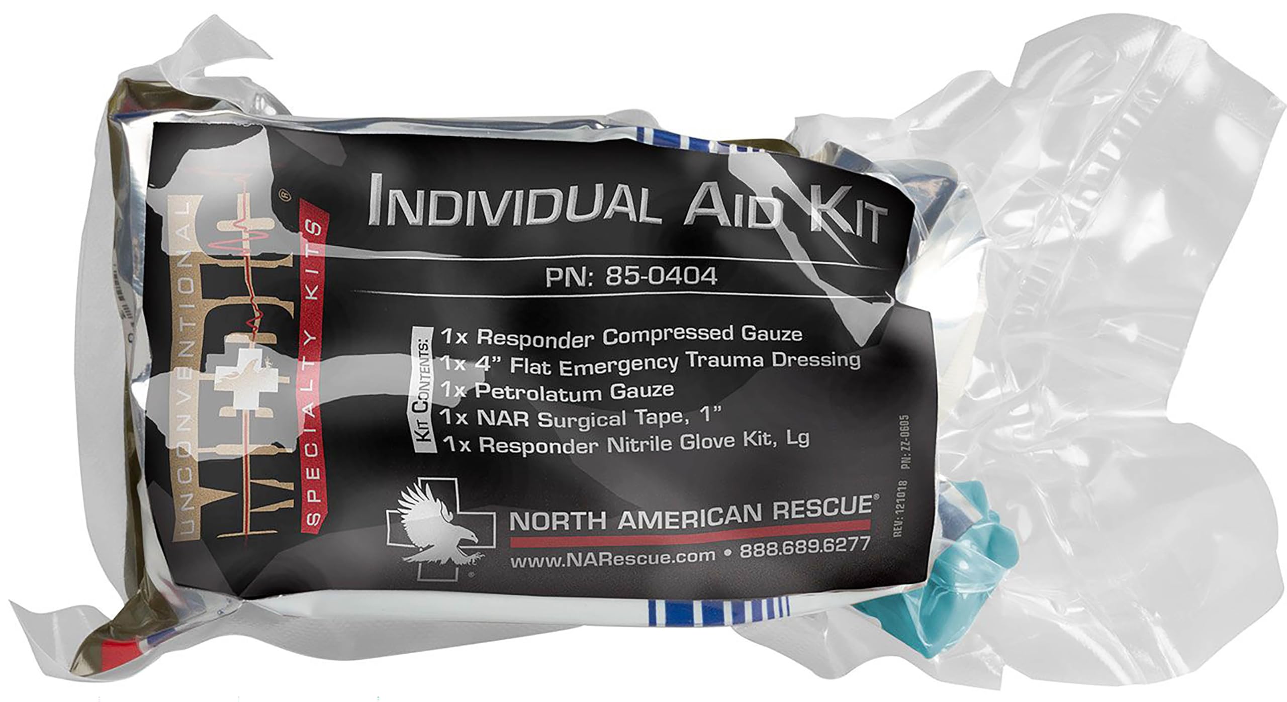 North American Rescue Individual Aid Kit NAR Compact First Aid with Compressed Gauze Petrolatum Gauze ETD Gloves Surgical Tape (85-0404)